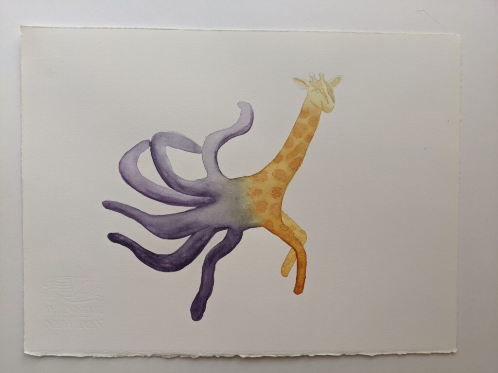 A watercolour painting of a fantastical creature that is a giraffe in the front half and an octopus in the back half.