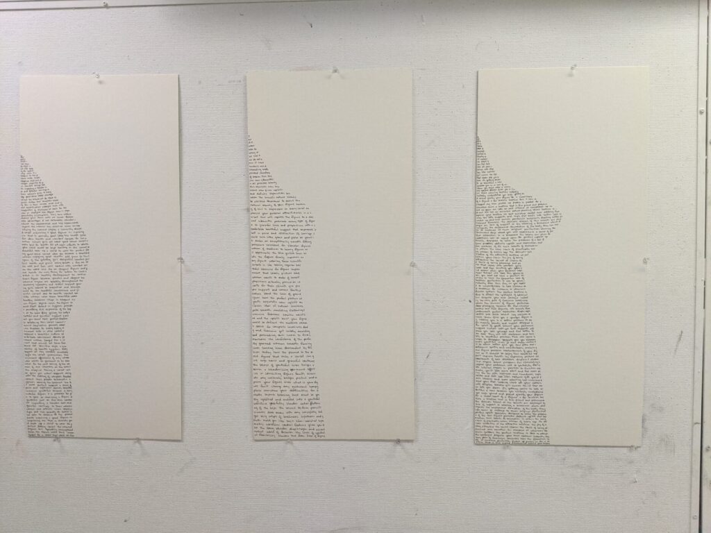 Image of 3 silhouettes of idealized bodies from different eras. The silhouettes are made from handwritten text from the era’s bra advertisements.
