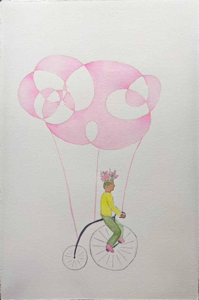 A watercolour painting of a person riding a bicycle with flowers for hair. The bicycle is attached to a floating pink object, kind of like a balloon but made of overlapping circles.