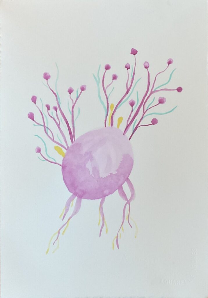 A fantastical watercolour painting in pink and red tones of a ball with stems and bulbs growing out upwards and pink roots or tentacles reaching down.