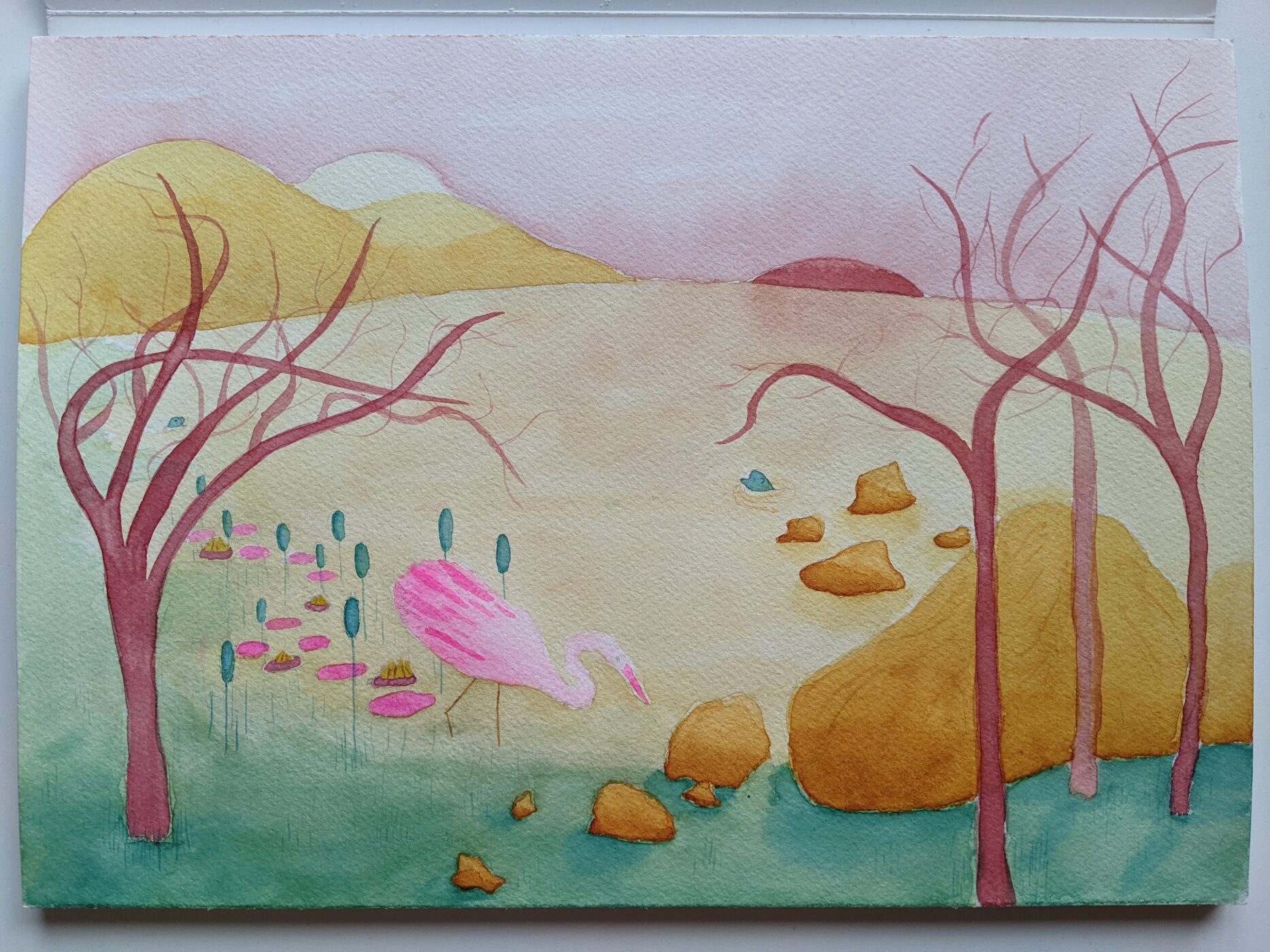 Imaginary landscape of a yellow pond with yellow mountains in the background and red trees in the foreground. A neon pink and white heron is standing in the pond at the front left.