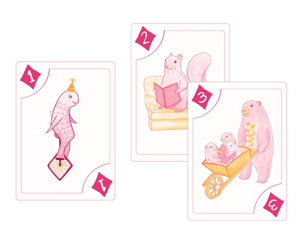 A digital illustration of three playing cards, the 1, 2 and 3 of diamonds. Each card has an animal : a salmon, squirrel and marmot.