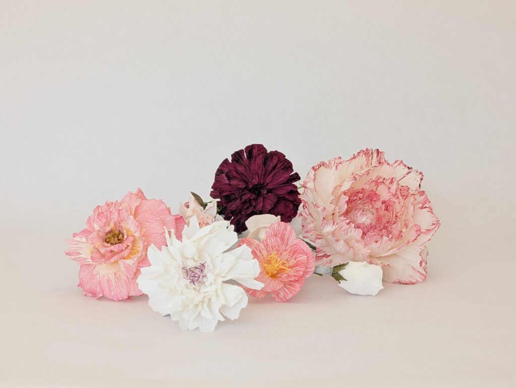 front view of 7 paper flowers in shades from white to pink to dark burgundy, laying in front of a white background